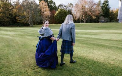 Purple silk bespoke wedding dress for a ceremony in a Scottish castle